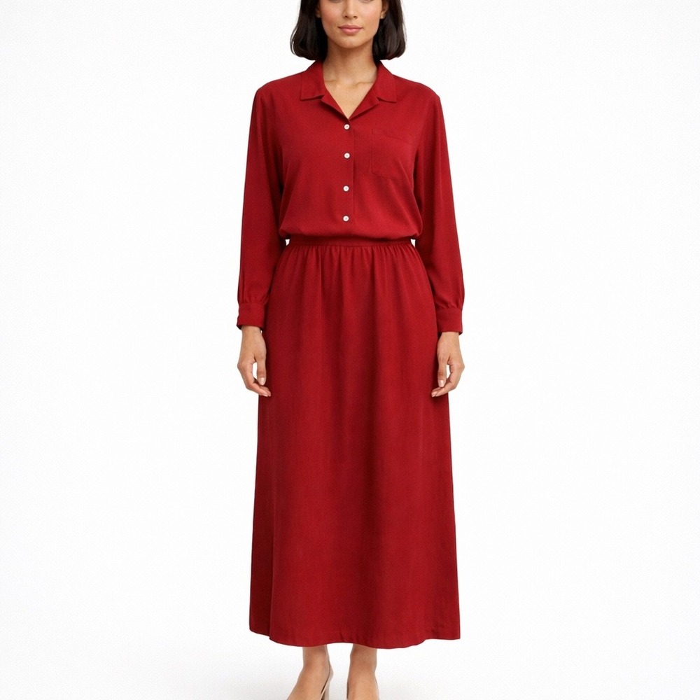 Pussers West Indies Silk 2 Pc Set Red Button Down Top Midi Skirt‎ XL